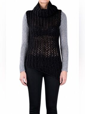 Helmut Lang Large Knit Black Turtle-neck / Hood Neck Gray Sweater P